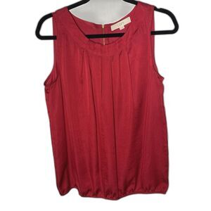 LOFT Blouse Sleeveless Pleated Neckline Bubble Hem Gold Zipper Back Womens M Red